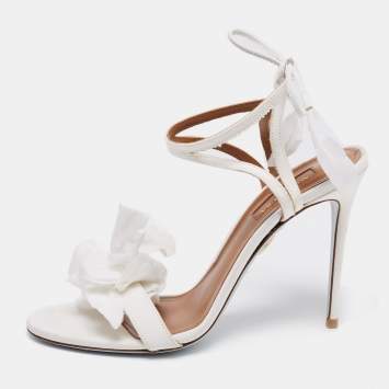Pre Owned Aquazzura White Floral Applique Fabric Ankle Wrap Sandals Size 38.5 