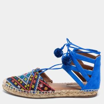 Pre Owned Aquazzura Blue Raffia And Suede Belgravia Lace Up Espadrille Flat Sandals Size 36