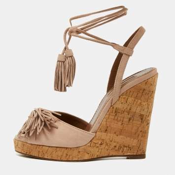 Pre Owned Aquazurra Beige Suede Wild One Cork Platform Wedge Sandals Size 36