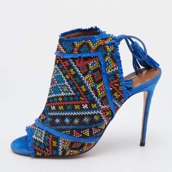 Pre Owned Aquazzura Multicolor Woven Fabric And Raffia Colorado Booties Size 38.5