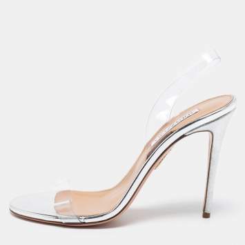 Pre Owned Aquazzura Silver Leather and PVC So Nude Slingback Sandals Size 40