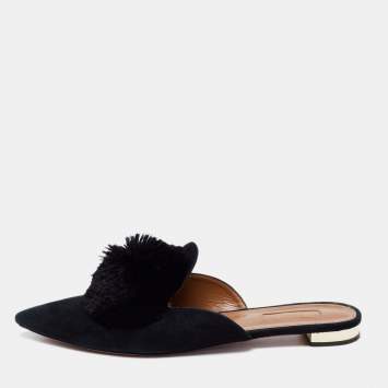 Pre Owned Aquazzura Black Suede Powder Puff Flat Sandals Size 40