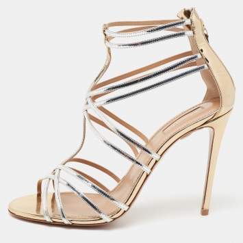Pre Owned Aquazzura Silver/Gold Patent Leather Ankle Strappy Sandals Size 41