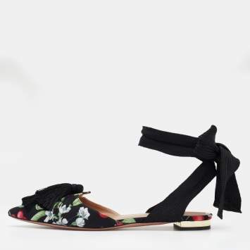 مملوكة مسبقًا Aquazzura Multicolor Floral Print Fabric Tassel Ankle Wrap Flat Sandals Size 36