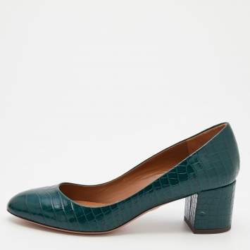مملوكة مسبقًا Aquazzura Green Croc Embossed Leather Round Toe Block Heel Pumps Size 39