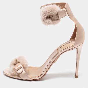 Pre Owned Aquazzura Beige Satin And Mink Fur Sinatra Ankle Cuff Sandals Size 41