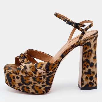 Pre Owned Aquazzura Caramel Leopard Print Jacquard Fabric Baba Plateau Platform Ankle Strap Sandals Size 36