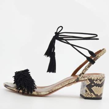 Pre Owned Aquazzura Black/Beige Python Leather And Fringed Suede Wild Thing Ankle Wrap Sandals Size 37