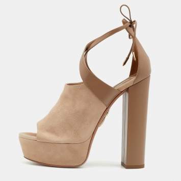 Pre Owned Aquazzura Taupe/Beige Suede And Leather Kaya Platform Sandals Size 38.5