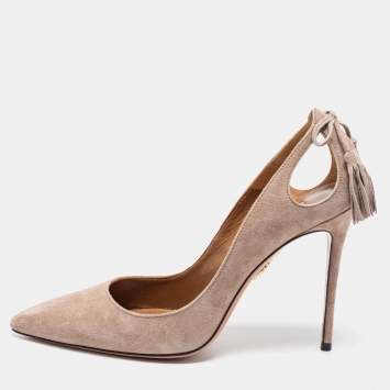 Pre Owned Aquazzura Beige Suede Forever Marilyn Fringe Bow Pumps Size 38.5