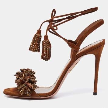 Pre Owned Aquazzura Brown Suede Wild Crystal Thing Ankle Tie Sandals Size 39