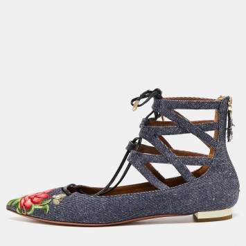 Pre Owned Aquazzura Blue Floral Embroidered Denim Christy Flat Sandals Size 38
