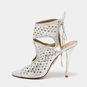 Pre Owned Aquazzura Silver Leather Laser Cut Sexy Thing Ankle Tie Sandals Size 39