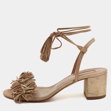 مملوكة مسبقًا Aquazzura Metallic Gold Fringed Suede Wild Thing Block Heel Ankle Wrap Sandals Size 39