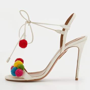 مملوكة مسبقًا Aquazzura White Raffia And Leather Disco Thing Ankle Wrap Sandals Size 40