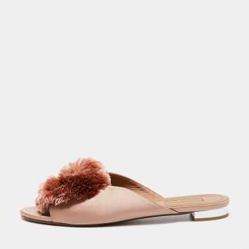 Pre Owned Aquazzura Light Pink Satin Powder Puff Crystal Embellished Flat Slides Size 40
