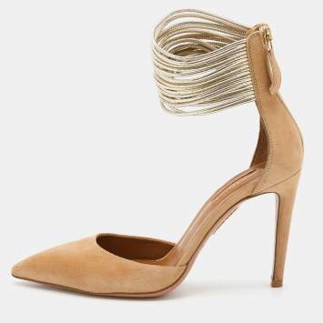 مملوكة مسبقًا Aquazzura Beige/Light Gold Suede and Leather Hello Lover Ankle Strap Pumps Size 37.5