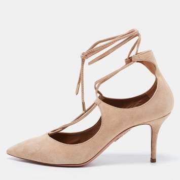 Pre Owned Aquazzura Beige Suede Curvy Lace Up Pumps Size 37