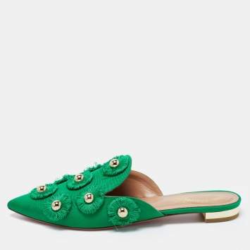 Pre Owned Aquazzura Green Fabric Sunflower Pointed Toe Flat Mules Size 38