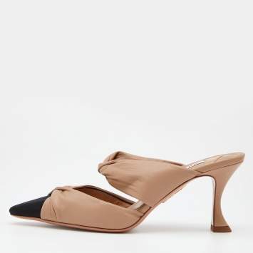 مملوكة مسبقًا Aquazzura Beige/Black Leather and Fabric Twist Cap Toe Mules Size 36.5