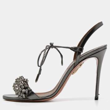 Pre Owned Aquazzura Metallic Grey Leather Monaco Ankle Tie Sandals Size 38.5