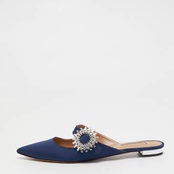 Pre Owned Aquazzura Navy Blue Canvas Crystal Embellished Blossom Flat Mules Size 39.5