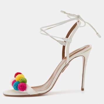 مملوكة مسبقًا Aquazzura White Raffia and Leather Disco Thing Ankle Wrap Sandals Size 42