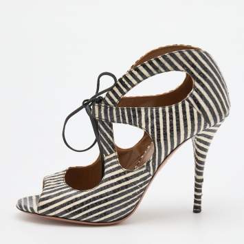 مملوكة مسبقًا Aquazzura Black/White Snakeskin Leather C'est Chic Ankle Strappy Sandals Size 39