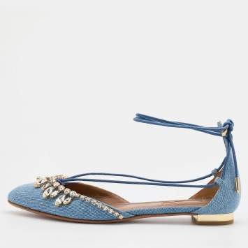 مملوكة مسبقًا Aquazzura Light Blue Denim Alexa Crystal Embellished Ankle Tie Up Flats Size 36.5