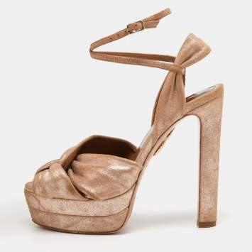 Pre Owned Aquazzura Metallic Pink Laminated Suede Ankle Strap Platform Sandals Size 36.5