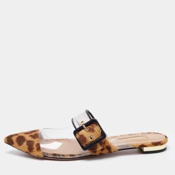 مملوكة مسبقًا Aquazzura Brown/Beige Leopard Print Calf Hair and PVC Seduction Flat Mules Size 36.5