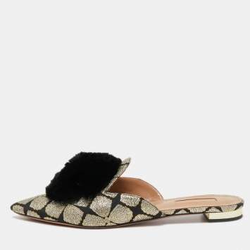 Pre Owned Aquazzura Black Brocade Fabric Powder Puff Pom Pom Flat Mules Size 39