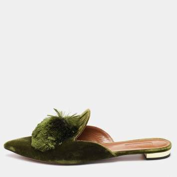 مملوكة مسبقًا Aquazzura Green Velvet Powder Puff Pom Pom Flat Mules Size 40
