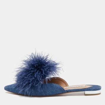 مملوكة مسبقًا Aquazzura Blue Denim Pompom Detail Boudoir Mules Size 39