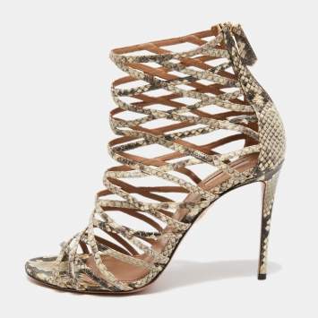Pre Owned Aquazzura Beige/Brown Python Embossed Leather Knockout Sandals Size 41