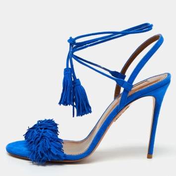 Pre Owned Aquazzura Blue Suede Wild Thing Ankle Wrap Sandals Size 39.5