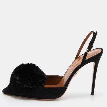 Pre Owned Aquazzura Black Suede Powder Puff Pointed Toe Slingback Pumps Size 38