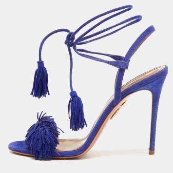 Pre Owned Aquazzura Blue Suede Wild Thing Ankle Wrap Sandals Size 39