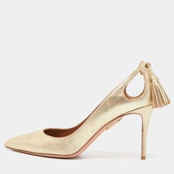 Pre Owned Aquazzura Gold Textured Leather Forever Marilyn Cut Out Tassel Detail Pumps Size 40