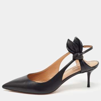 Pre Owned Aquazzura Black Leather Bow Slingback Pumps Size 38 