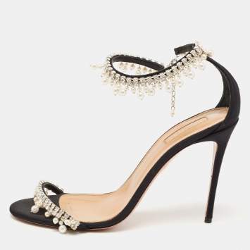 Pre Owned Aquazzura Black Canvas Crystal and Faux Pearl Embellished Ankle Strap Sandals Size 39