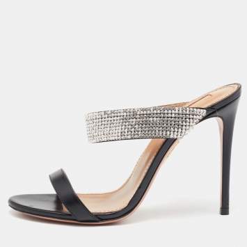 مملوكة مسبقًا Aquazzura Black Leather and Crystals Embellished Slide Sandals Size 37