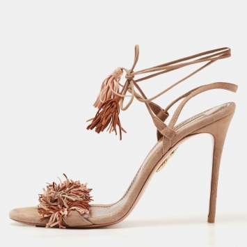 Pre Owned Aquazzura Brown Suede Fringed Wild Thing  Ankle Strap Sandals Size 41