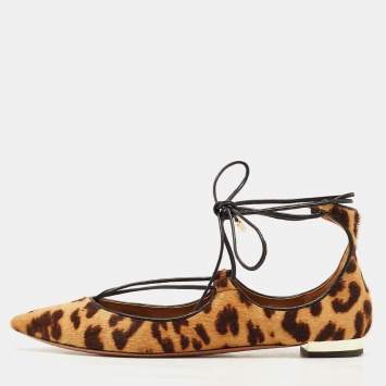 Pre Owned Aquazzura Brown Leopard Print Calf Hair Christy Ballet Flats Size 35
