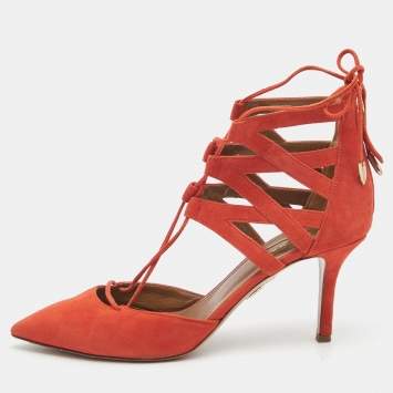 Pre Owned Aquazzura Orange Suede Belgravia Lace up Pumps Size 38