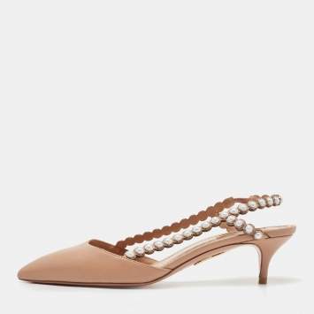 Pre Owned Aquazzura Brown Leather Pearl Embellished Slingback Pumps Size 37