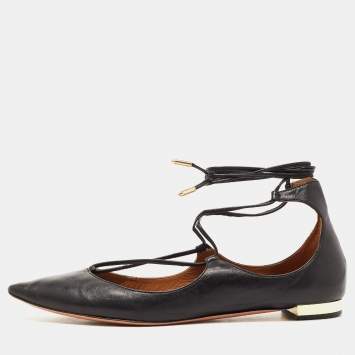 مملوكة مسبقًا Aquazzura Black Leather Christy Lace Up Ballet  Flats Size 38