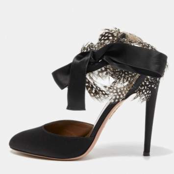 مملوكة مسبقًا Aquazzura Black/Brown Satin and Polka Dot Feather Madison Pumps Size 39