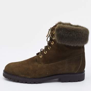 مملوكة مسبقًا Aquazzura Olive Green Suede and Fur Ankle Boots Size 40