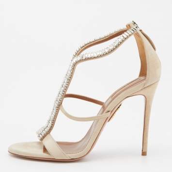 Pre Owned Aquazzura Beige Suede Crystal Embellished Strappy Sandals Size 38.5